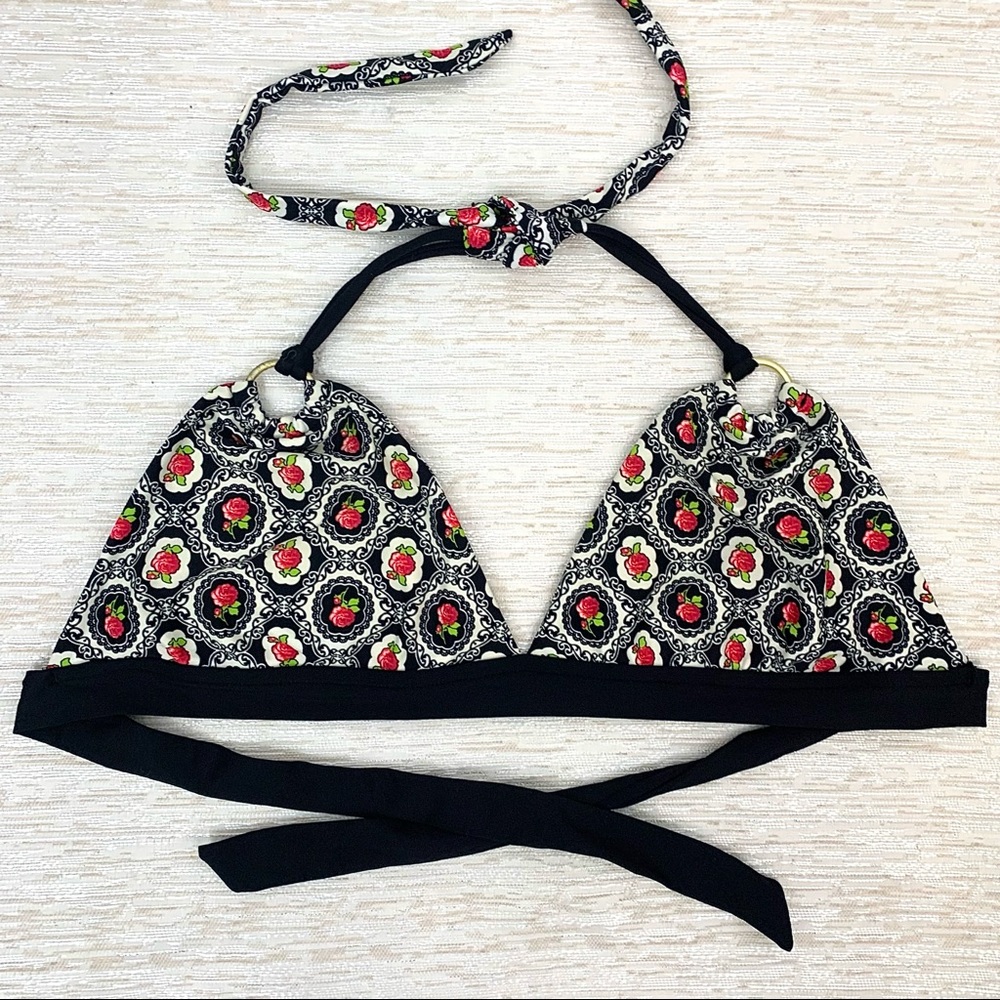 BSwim Rose print halter bikini top metal accent
